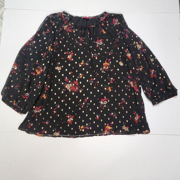 Vince Camuto Floral Blouse Womens Medium Black Chiffon Lined Tie Front Metallic - Picture 2 of 7